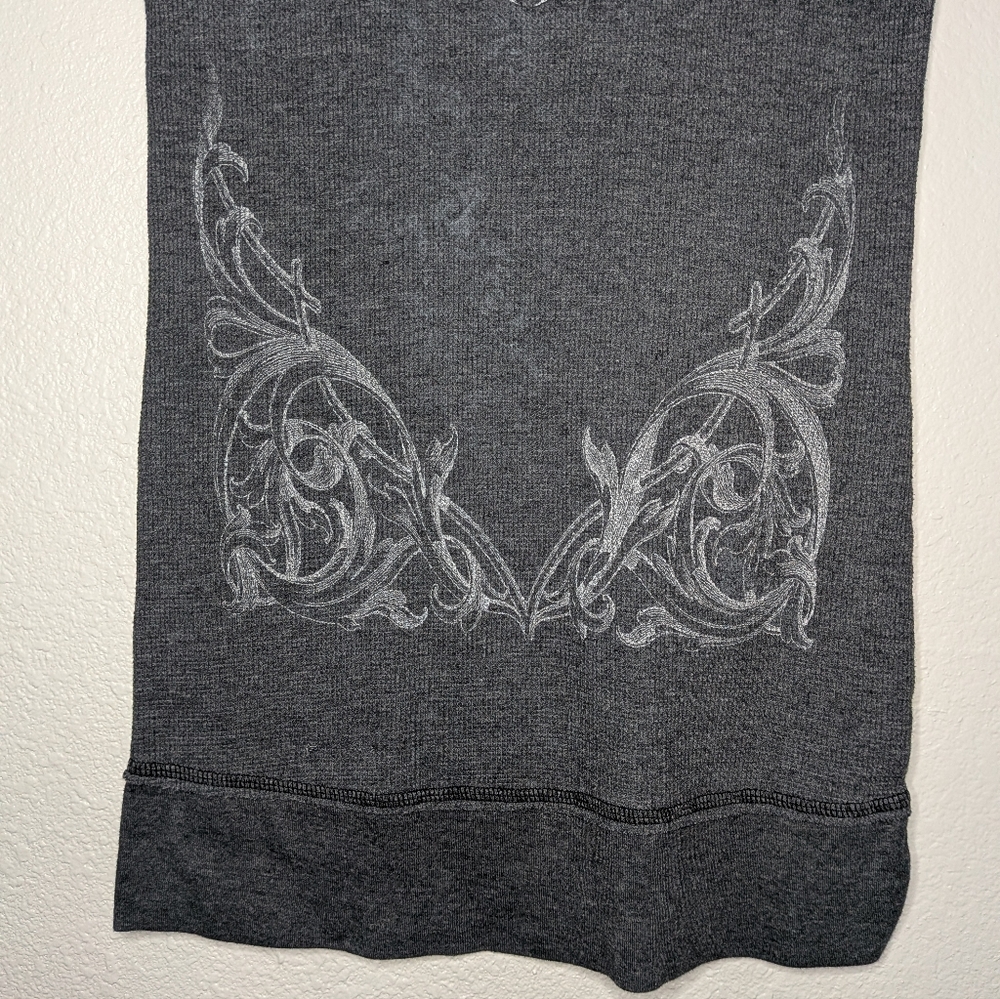 Womens Gray Y2K Vintage Fleur De Lis Wings Rhinestone Graphic Thermal Top XL - Picture 3 of 9